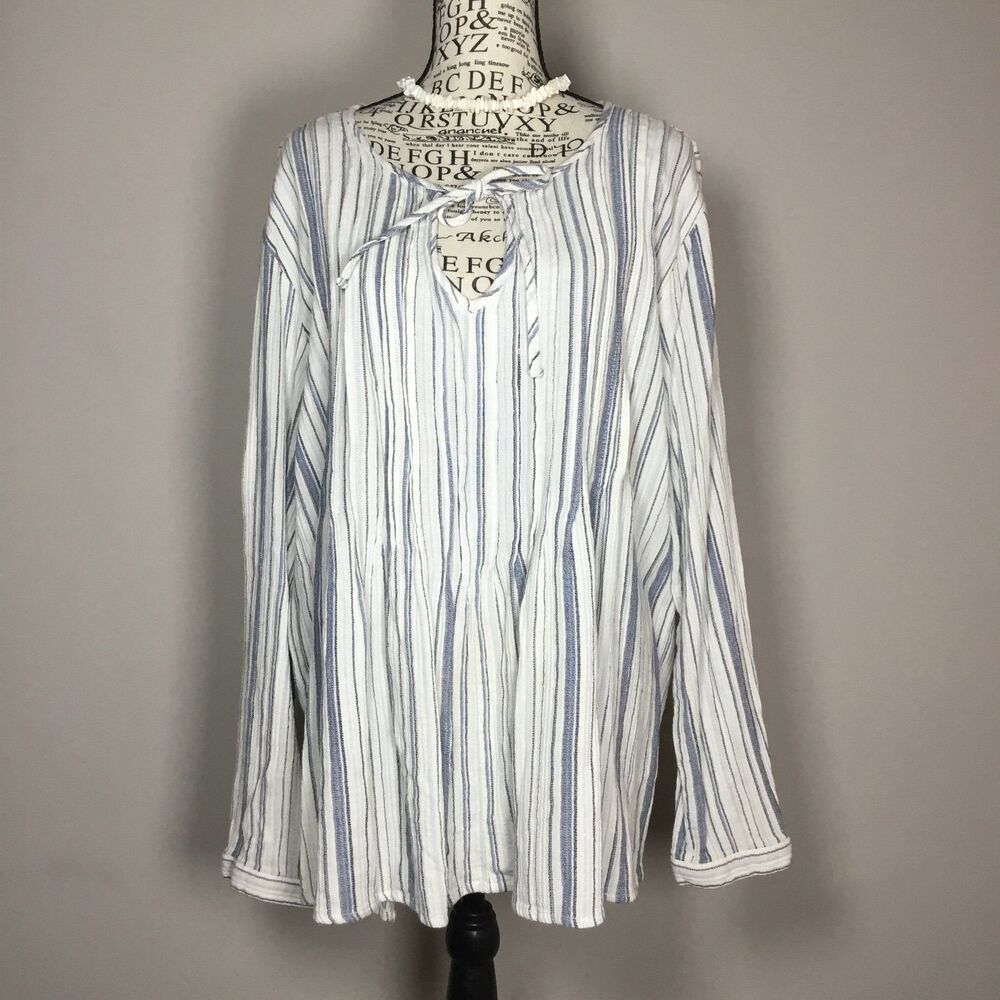 Blue white striped tunic top tie from Western boho pleat detail coastal cotton L